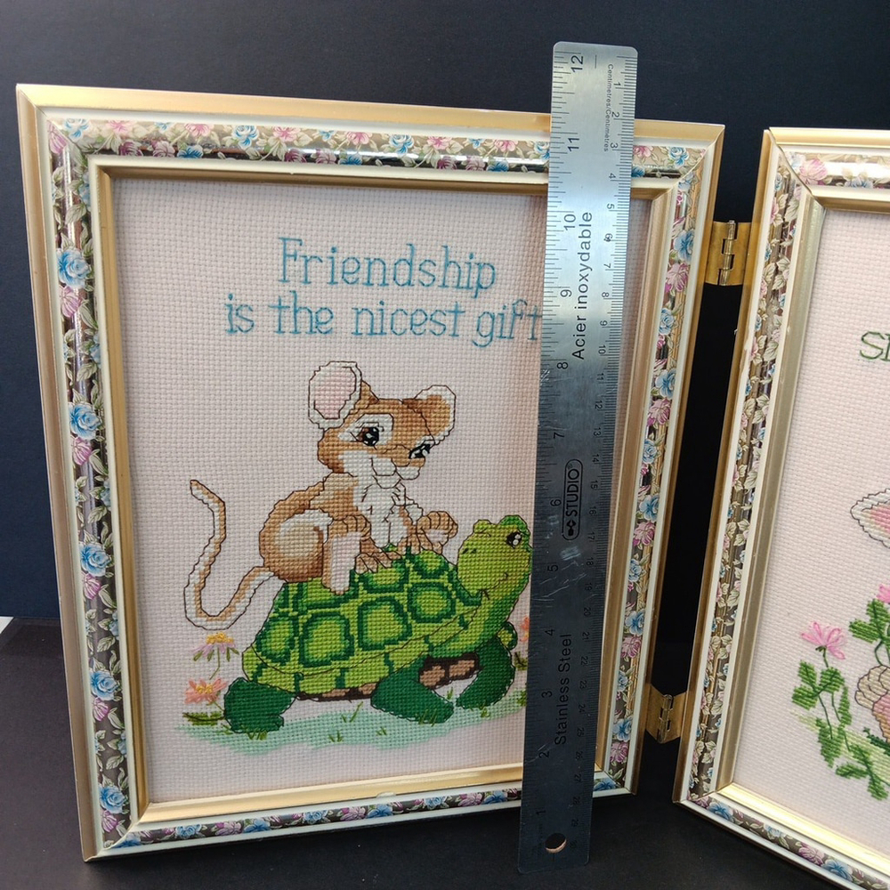 Needlepoint Finished In Frame Desk Decor Gorgeous! Turtle Rabbit Mouse Canada - Picture 3 of 16